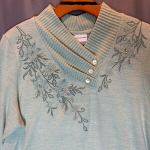Alfred Dunner Teal Floral Embroidered Sweater